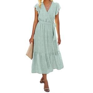 BTFBM Sleeveless Green & White Bohemian Floral Wrap Midi Sun Dress Womens Medium